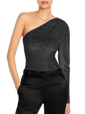 Ramy Brook Violeta Silver Metallic Black One Shoulder Knit Top Size